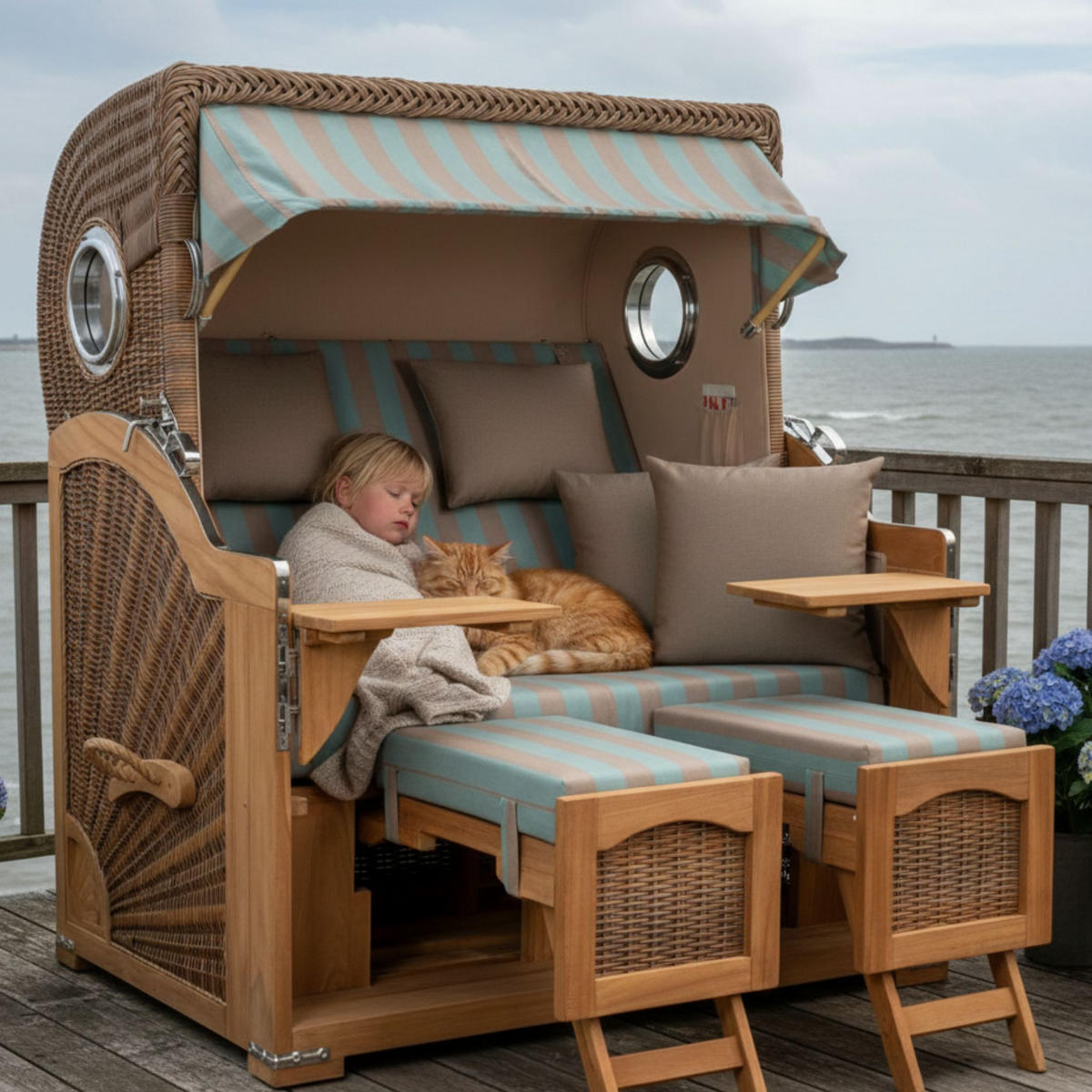 STRANDKORB XXL Düne Grande Teak Banana - Blaugrau/Braun, Metall (142/170/95cm) - Mr. Deko