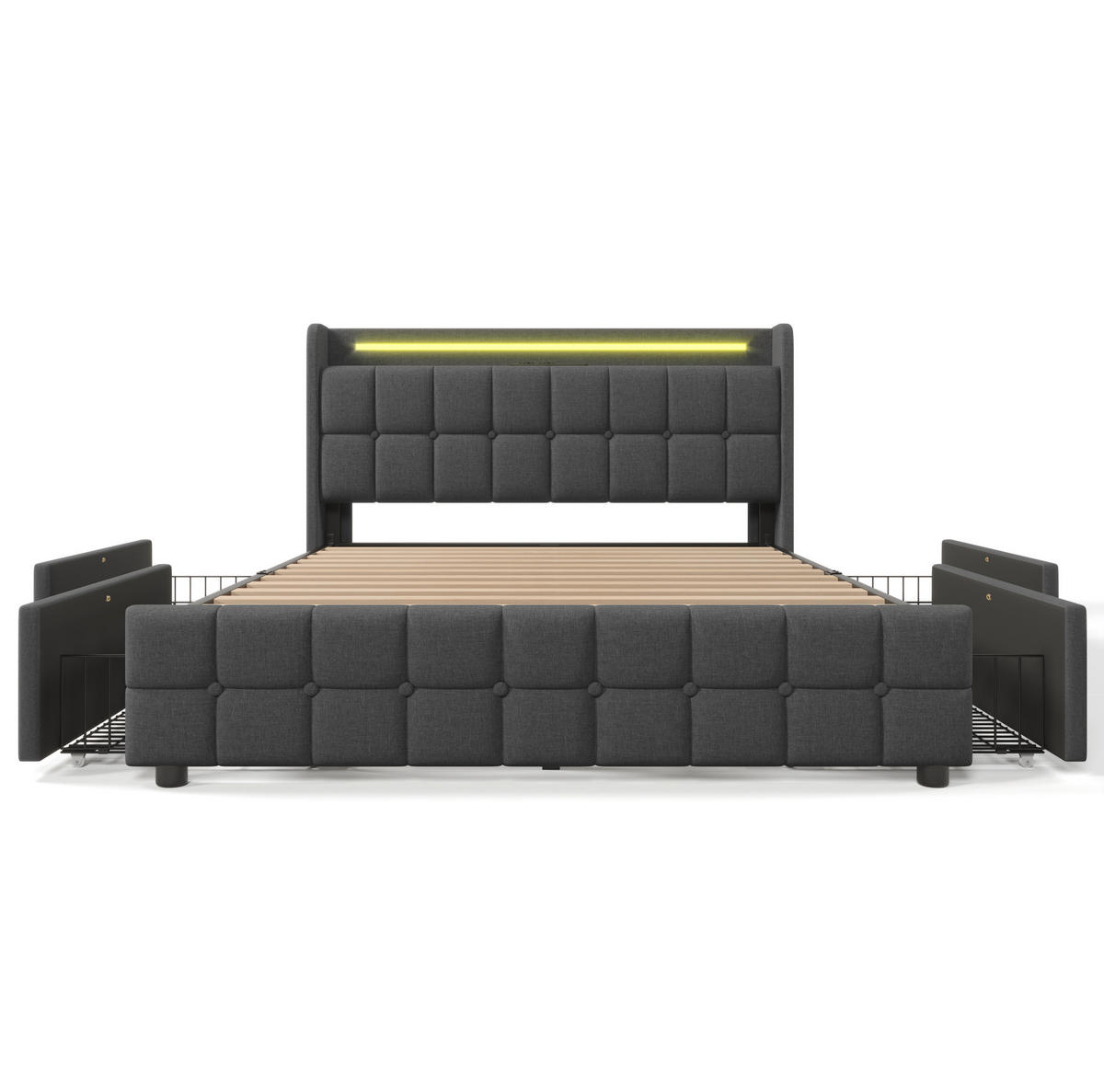 POLSTERBETT 140/200 cm grau aus Holz mit USB, LED und 4 Schubladen - Grau, Holzwerkstoff (140/200cm) - OKWISH