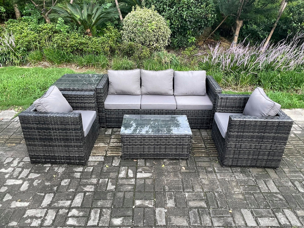 GARTENSOFA SET Polyrattan Dunkelgrau 5-Sitzer - Dunkelgrau, Metall - Fimous