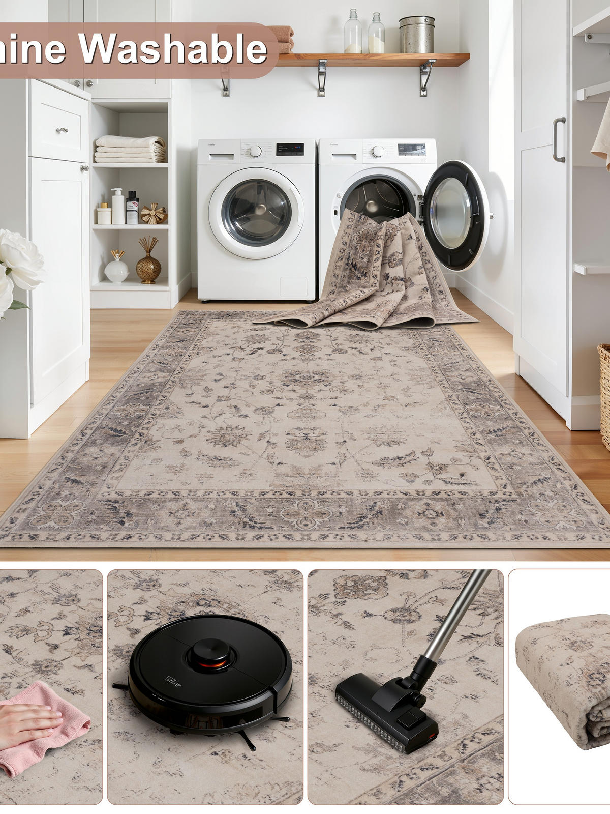 LÄUFER waschbar, mit floralen Ornamenten, aus Polyester, VERNANTE in Beige-Grau, 80 x 250 cm - Beige, Textil (80/250cm) - KADIMA DESIGN