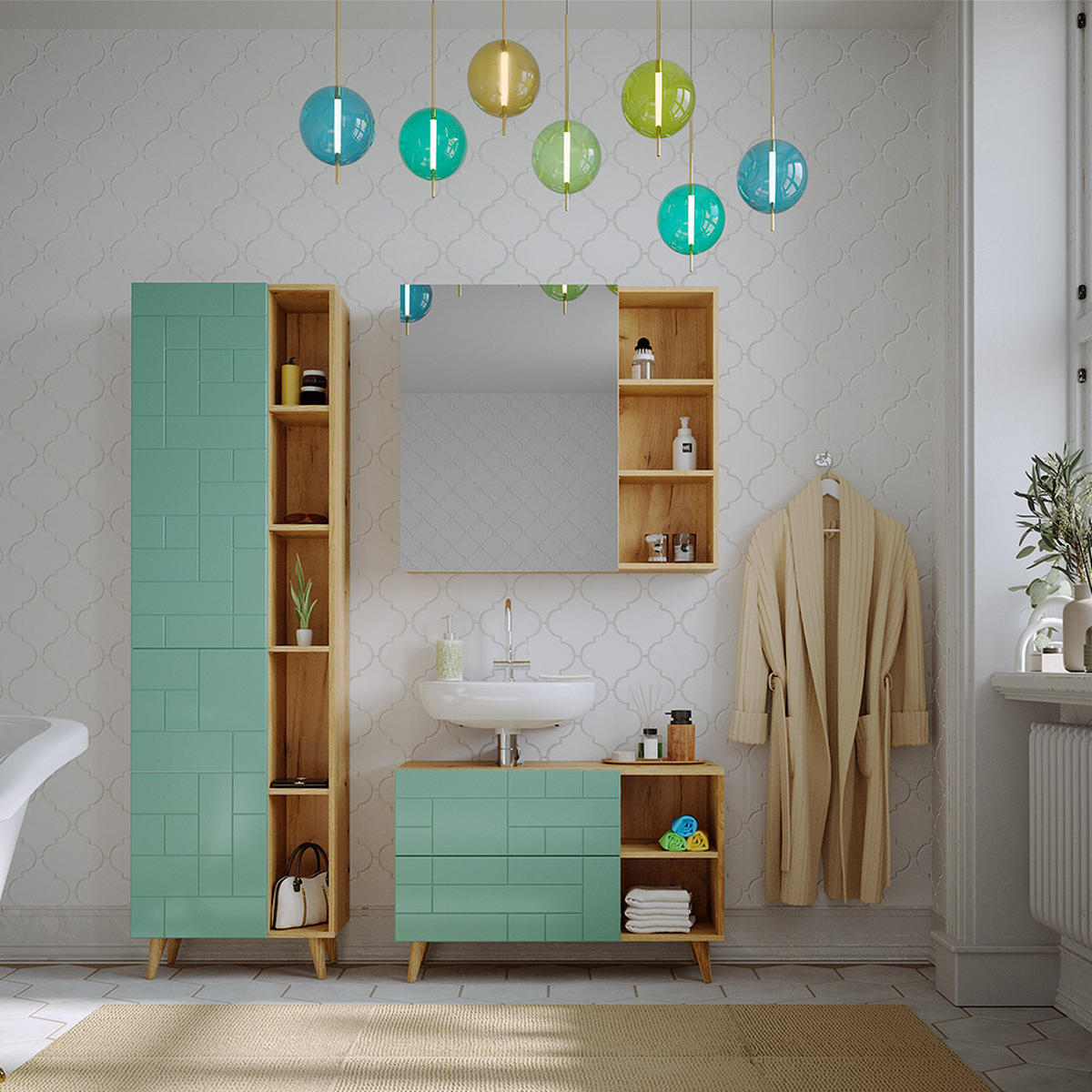 BADSCHRANK Rudi Mintgrün 56 x 193 cm mit Türen, und offenen Fächern - Mintgrün, Holzwerkstoff (56/193/30.6cm) - Vicco
