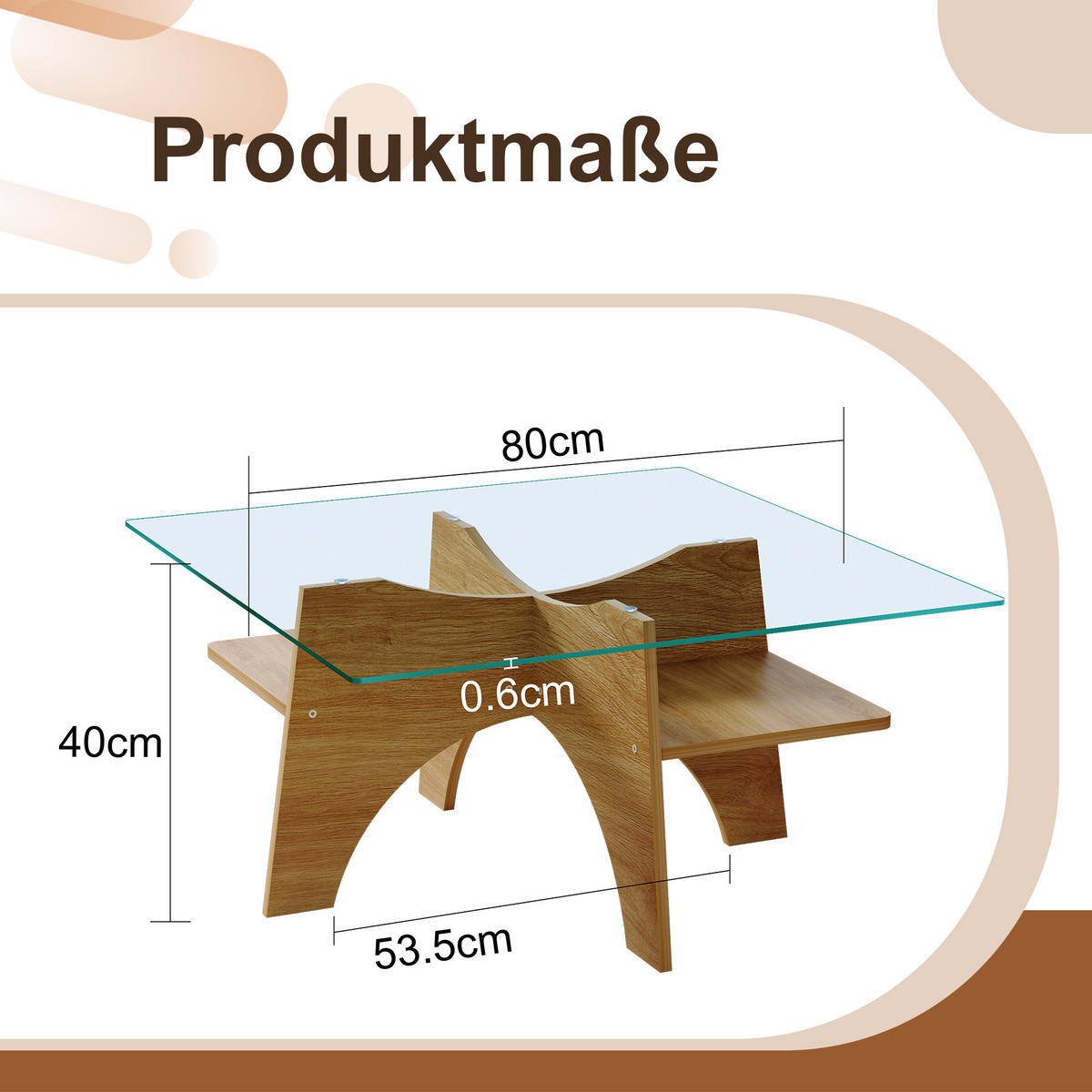COUCHTISCH in Naturfarbe Moderner quadratischer Beistelltisch mit Holzoptik für Esszimmer und Wohnzimmer, B80/T80/H40 cm - Transparent/Naturfarben, Glas/Holzwerkstoff (80/80/40cm) - STILVORA