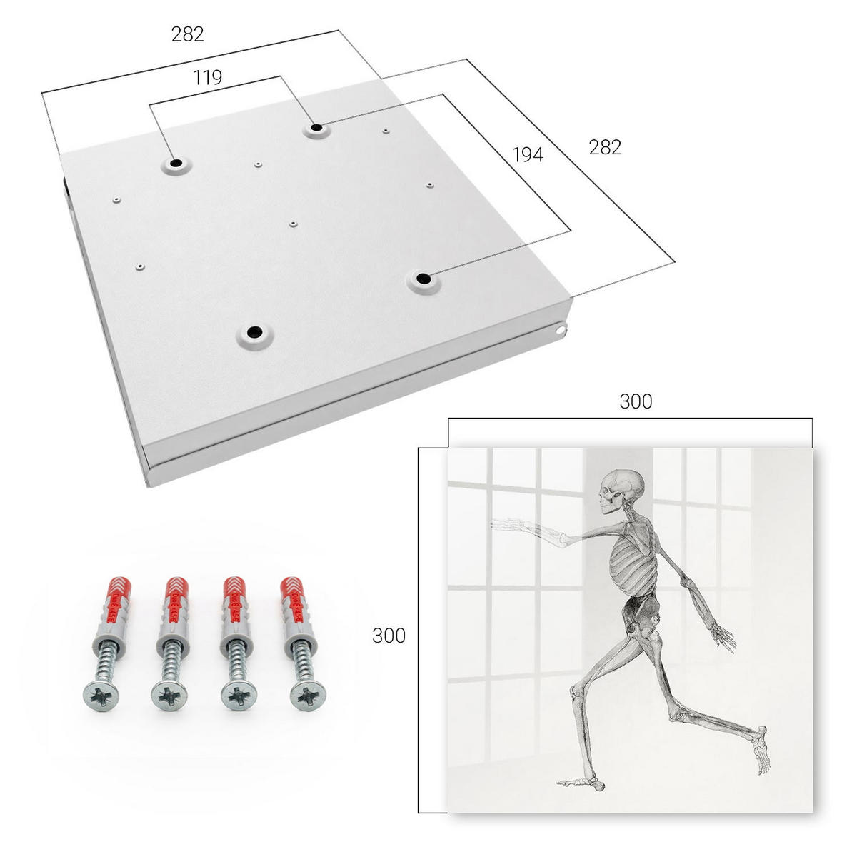 SCHLÜSSELBOX Weiß 30x30 cm – Türöffnung nach rechts - Skelettbewegung - Grau, Metall (30/30/5cm) - TULUP