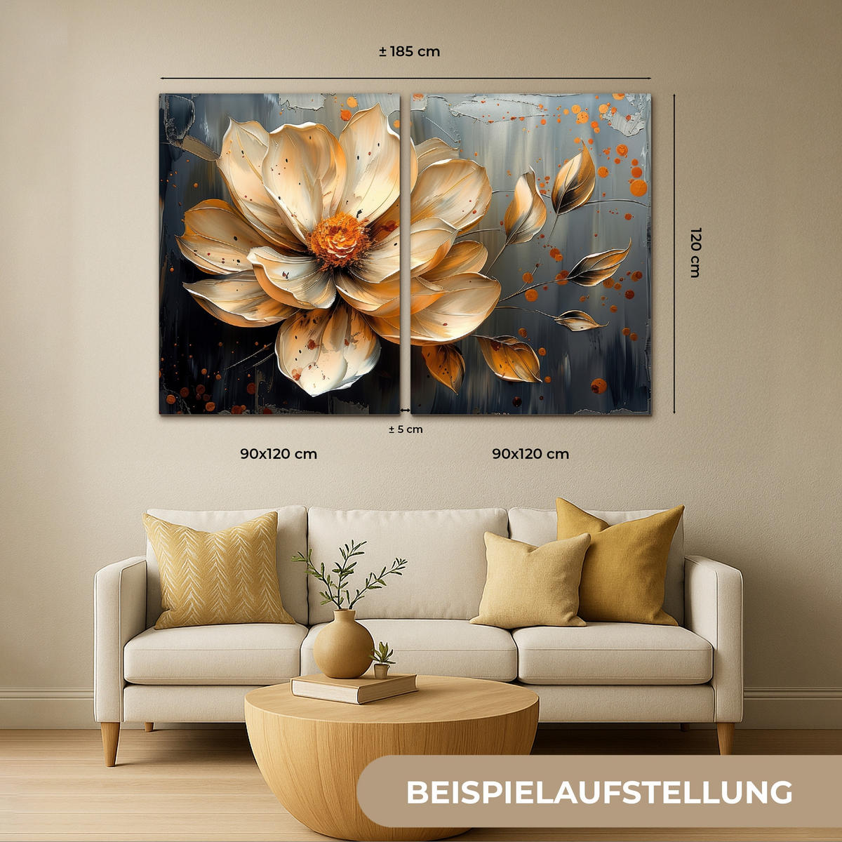 LEINWANDBILD 2er Set Blume - Gold - Abstrakt - Farbe 180x120 cm - Creme, Textil (180/120cm) - MuchoWow
