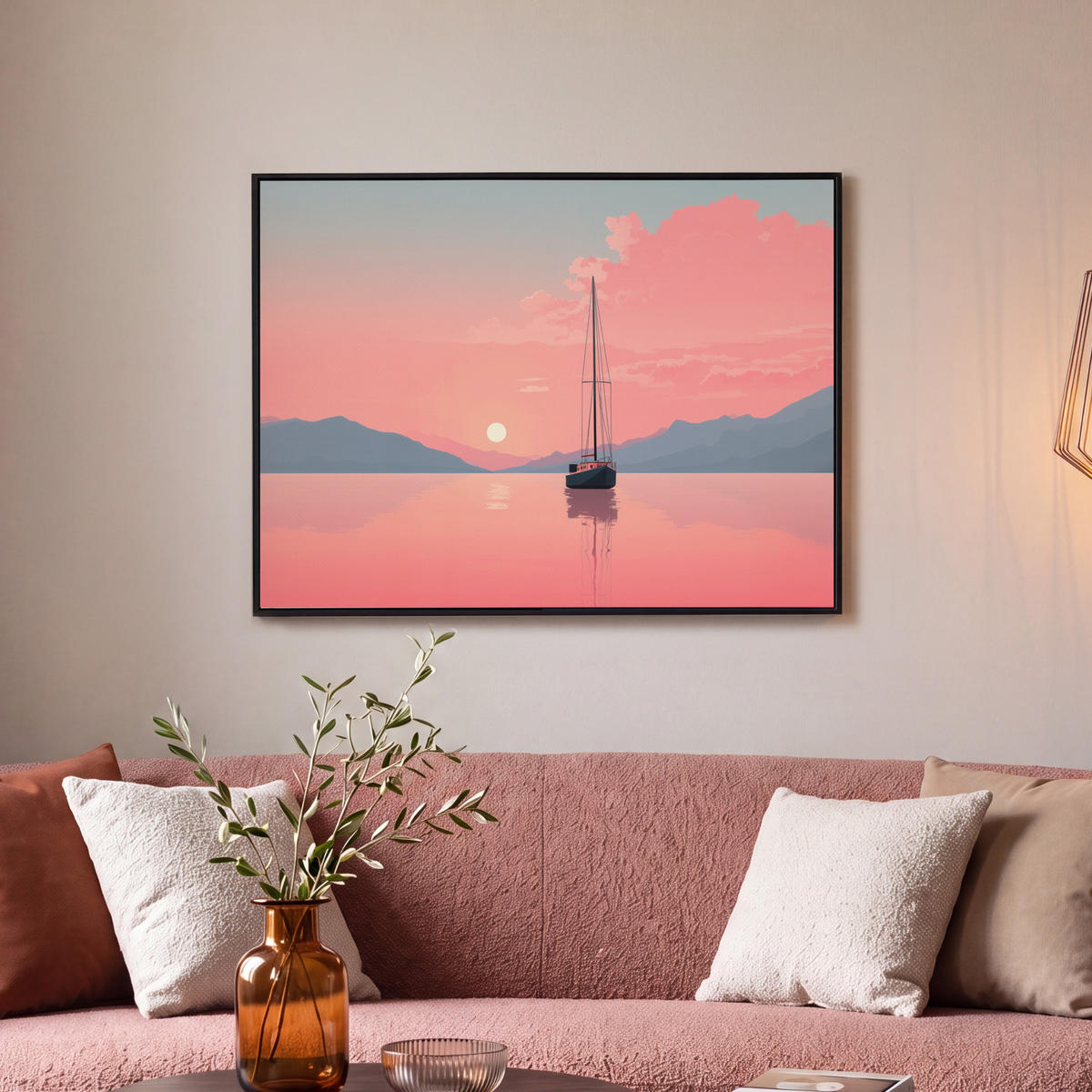 LEINWAND Bilder mit Rahmen - Segelboot - Rosa Meer - Sonnenuntergang - Berge - 80x60 - Rosa, Textil (80/60cm) - MuchoWow