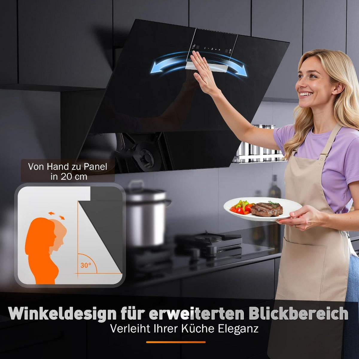 DUNSTABZUGSHAUBE, 800 M³/H SAUGKRAFT UND GESTENSTEUERUNG, Glas Schwarz, Kopffreie Wandhaube, 90 cm - Schwarz, Metall (43/48.51/96.01cm) - Rolipo