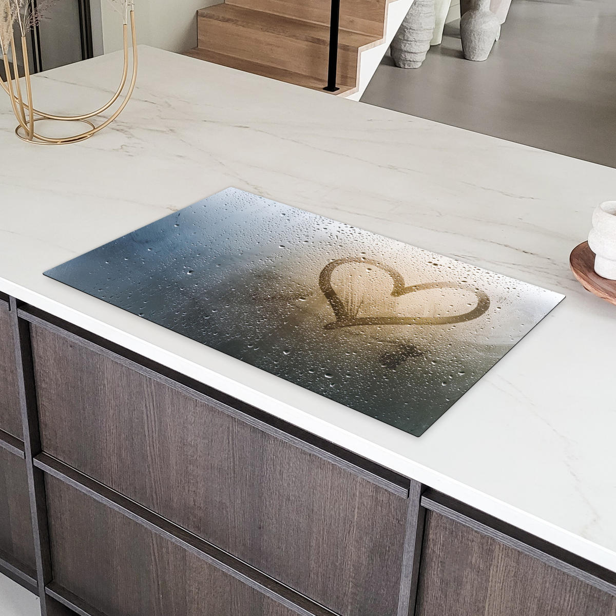 HERDABDECKPLATTE Herz - Kondenswasser - Wasser - 3D Induktionsschutz 91.2x52 cm - Grau, Kunststoff (91.2/52/0.2cm) - MuchoWow