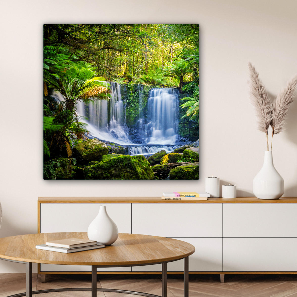 LEINWANDBILD Dschungel - Wasserfall - Australien - Pflanzen - Natur 90x90 cm - Dunkelgrün, Textil (90/90cm) - MuchoWow