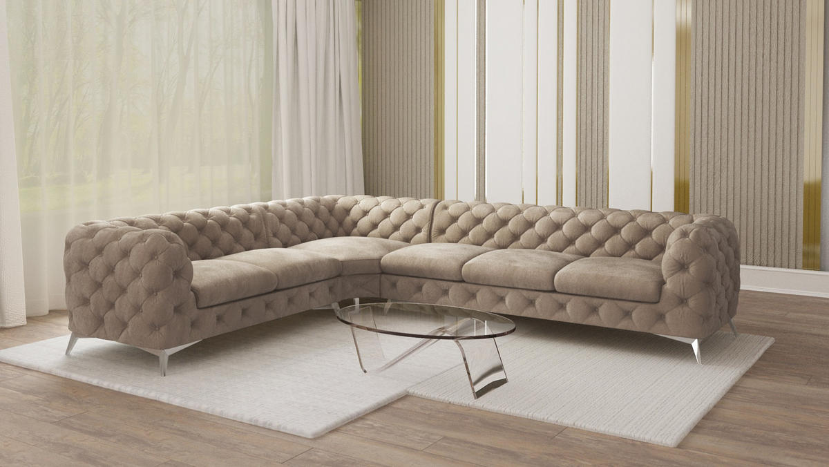 ECKSOFA Chesterfield Laura Dunkle Creme Samt - Silberfarben/Creme, Holz/Textil (323/264cm) - S-Style Möbel