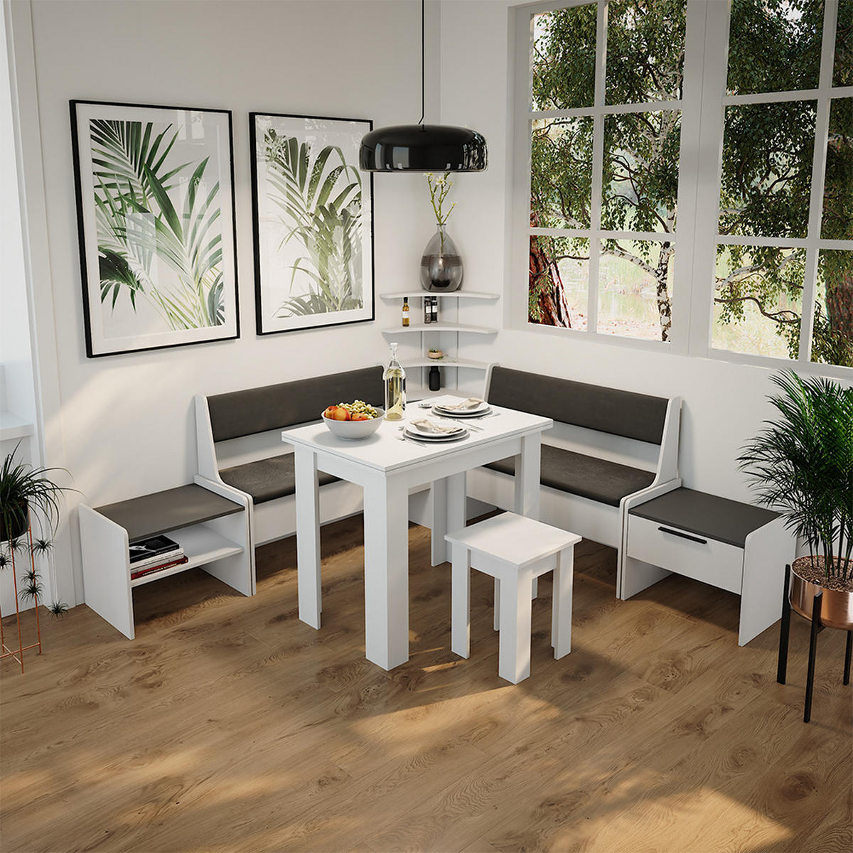 LAVICE DO JÍDELNY DO ROHU Roman Bílá/antracitová - bílá, kompozitní dřevo (53.5/45.5/41.1cm) - Vicco