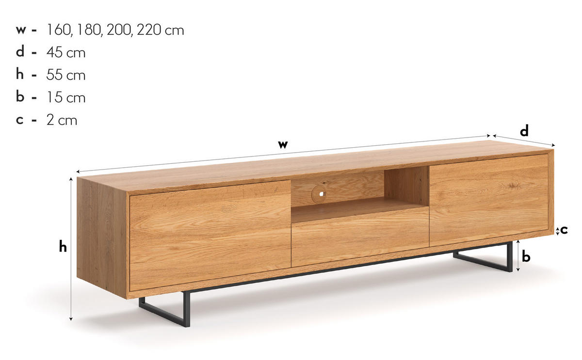 TV-SCHRANK Ruvo aus massivem Eichenholz 220 cm - Eichefarben/Naturfarben, Holz (220/55/45cm) - Danzz
