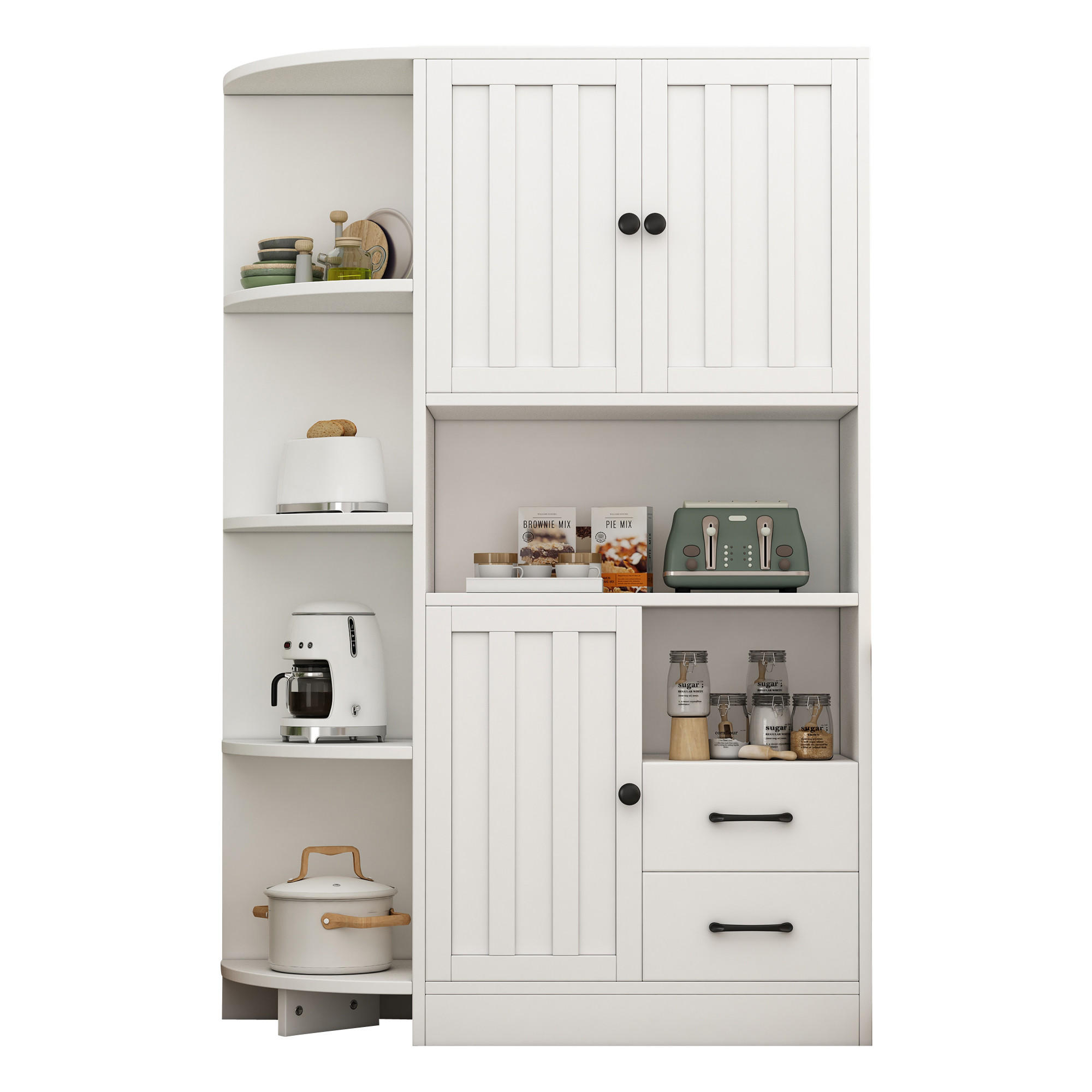 BUFFET mit 3 Schränken 2 Schubladen und 14 Ablageflächen 104/35/155 cm - Weiß, Holzwerkstoff (104/155/35cm) - EVRYAE