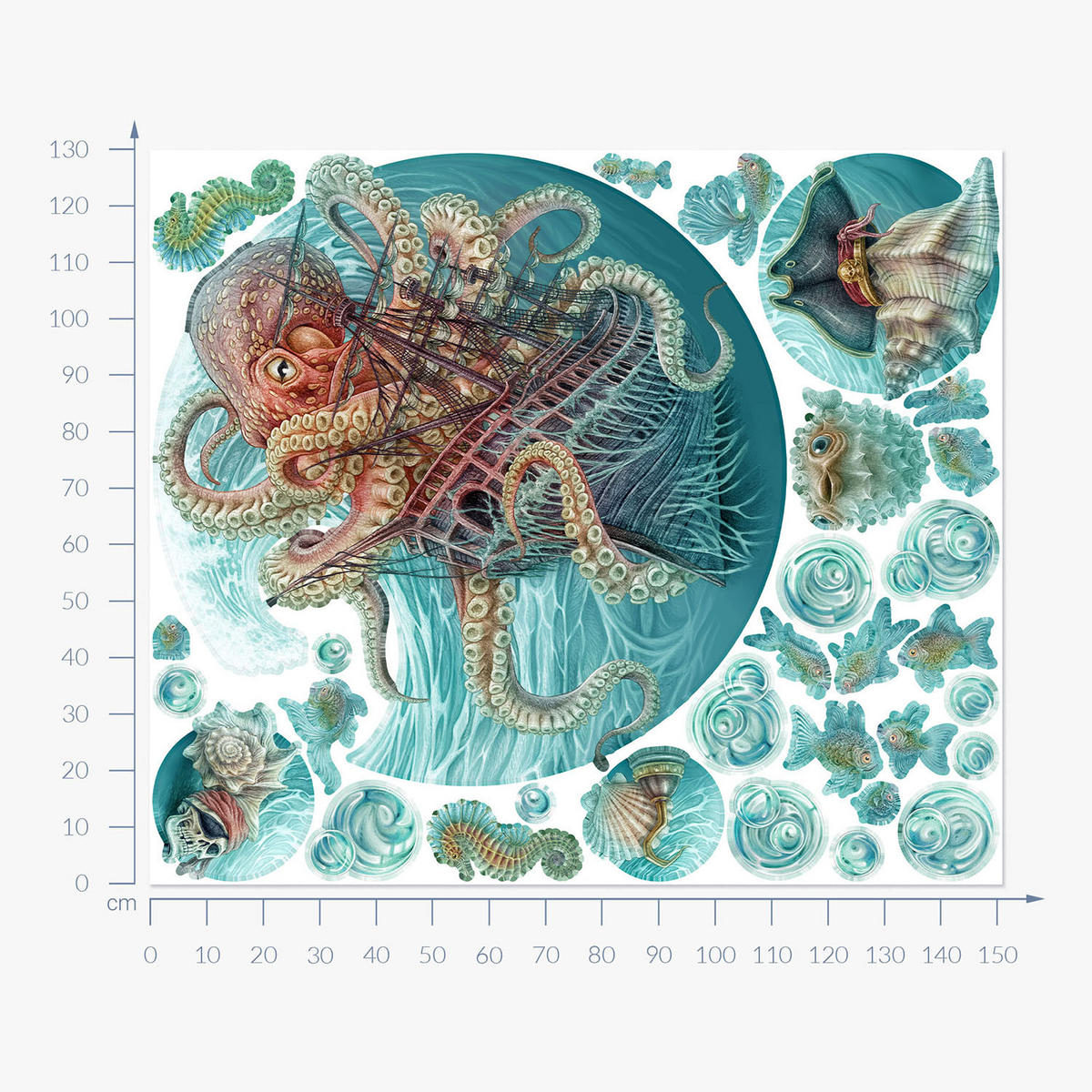 WANDAUFKLEBER 130x151cm - Die Welt des Oktopus - Multicolor, Kunststoff (130/151/0.1cm) - Wallfluent