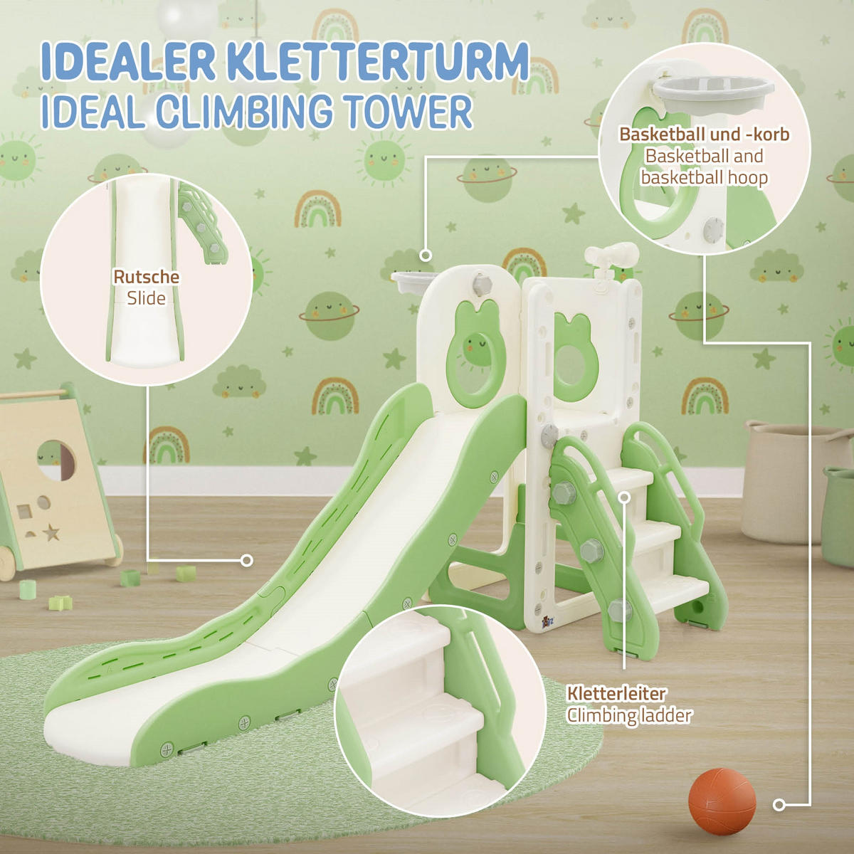 KINDERRUTSCHE Weiß-Grün aus Kunststoff - Grün, Kunststoff (91/90/162cm) - Joyz