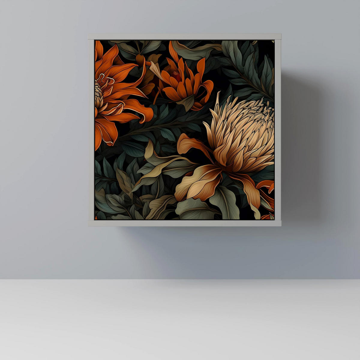 SIDEBOARD DAWN BLOOM, Grau, 57,5x42x72,5 cm, Schwarze Metallfüße - Multicolor/Schwarz, Holzwerkstoff/Metall (57.5/72.5/42cm) - SpaceRebels
