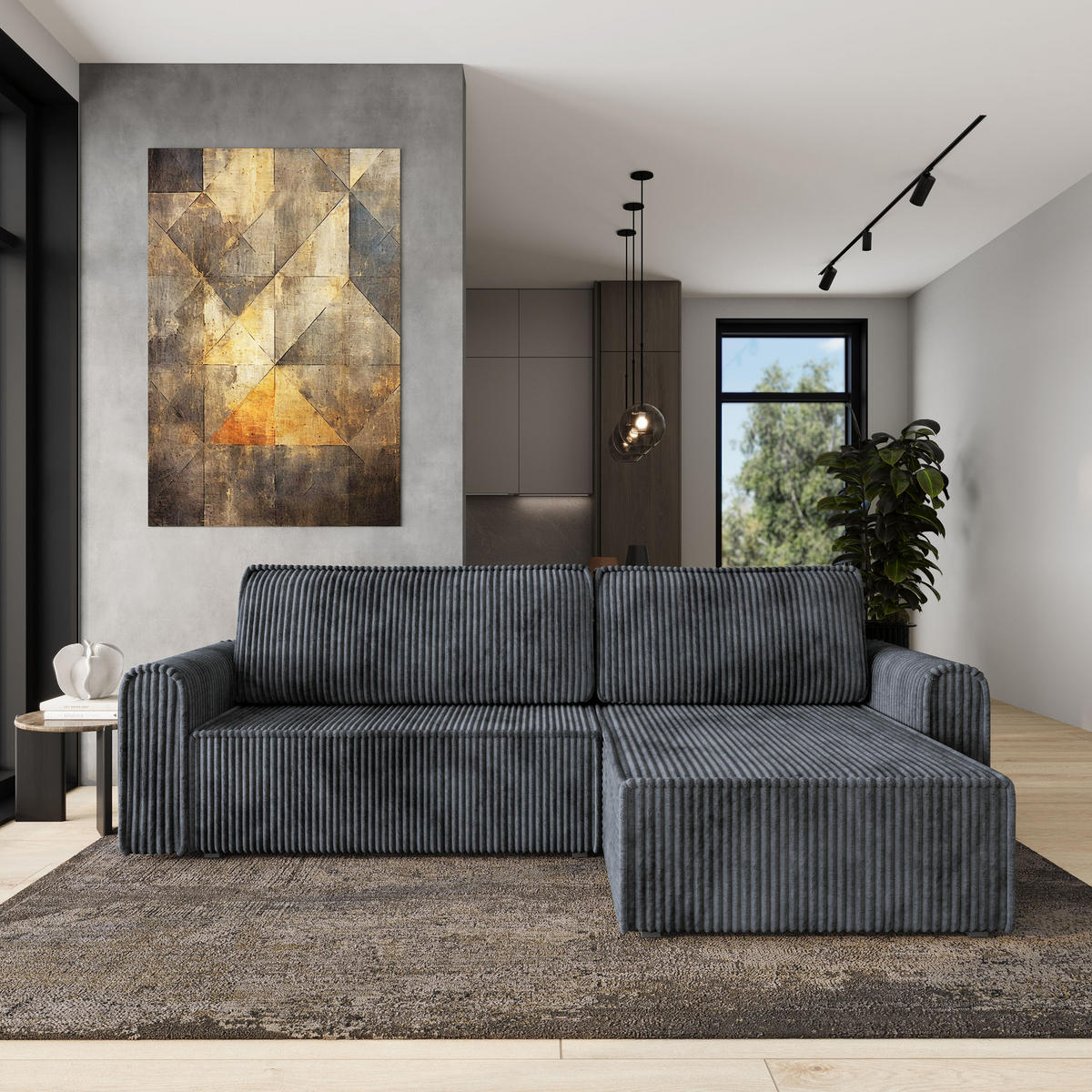 ECKSOFA VALTINO Graphitfarben Kordstoff mit Schlaffunktion - Graphitfarben, Holz (275/148cm) - MASSENO