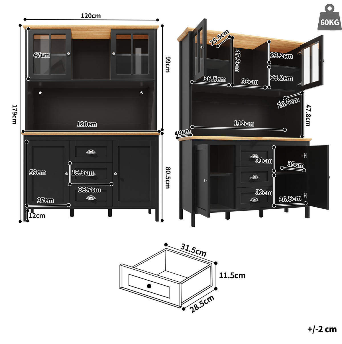BUFFET 120/40/179 cm schwarz aus MDF/Metall mit LED - Schwarz, Holzwerkstoff (120/179/40cm) - OKWISH