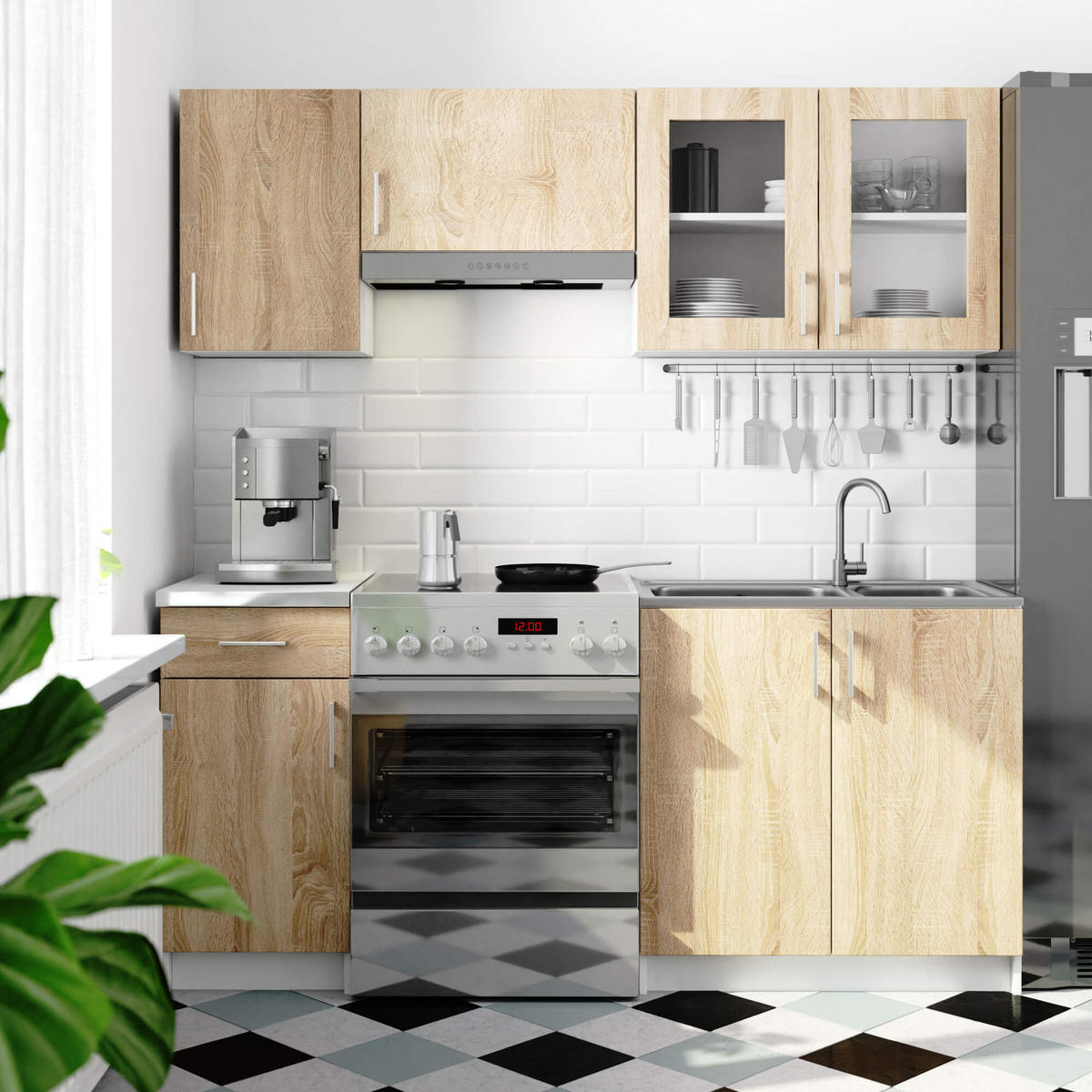 KÜCHENVITRINE Weiß, Sonoma Eiche 80x30,5x58 cm - Silberfarben/Weiß, Glas/Holzwerkstoff (80/58/30.5cm) - Akord