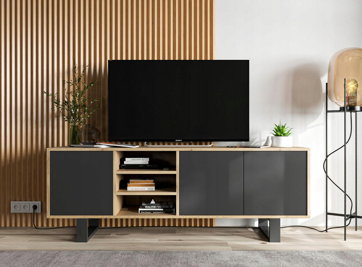 TV-LOWBOARD Apollo Eiche wotan Schwarz Matt mit Metallbeinen 150 cm - Schwarz, Holzwerkstoff/Metall (150/53/35cm) - Meble Lindner
