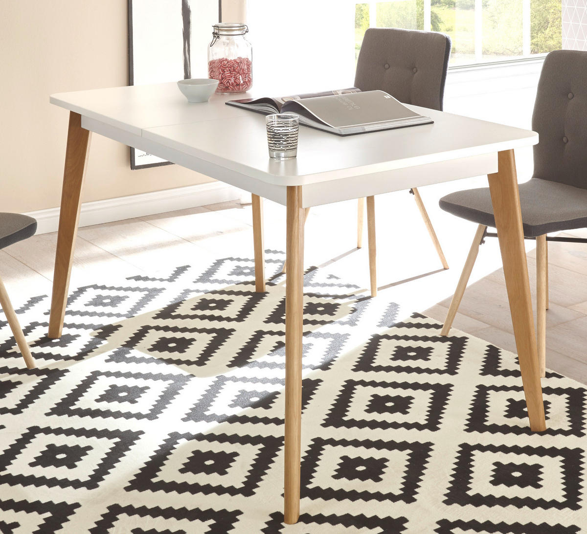 ESSTISCH weiß matt, Eiche, skandinavisch, Küchentisch ausziehbar 140 - 180 cm, - Eichefarben/Weiß, Holzwerkstoff (140/80/75cm) - Furn.Design