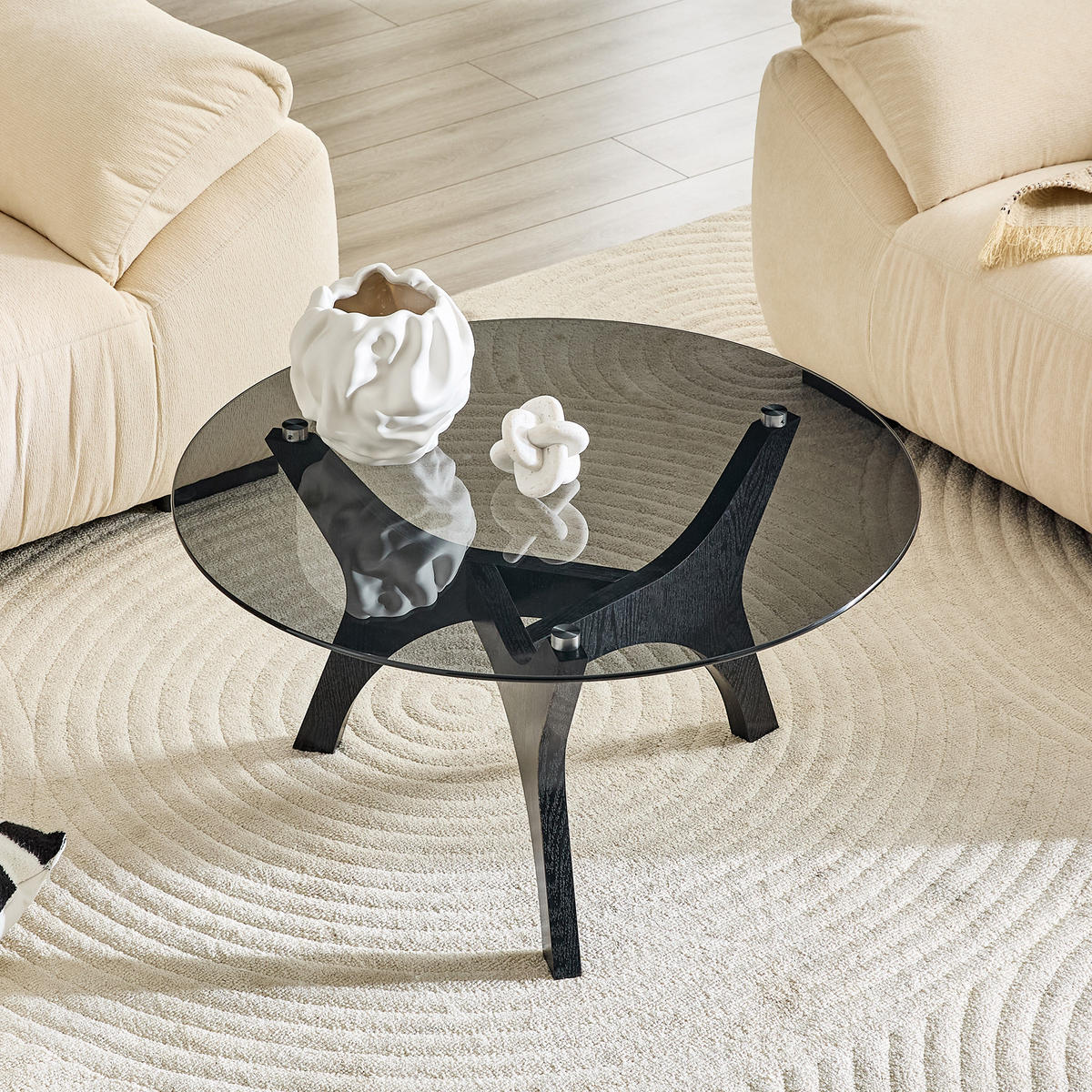 COUCHTISCH in Schwarz Runder Kaffeetisch für Wohnzimmer, Büro & Lounge, Hitze- & Kratzfest, 80/80/42.2 - Schwarz/Naturfarben, Glas/Holzwerkstoff (80/80/42.2cm) - STILVORA