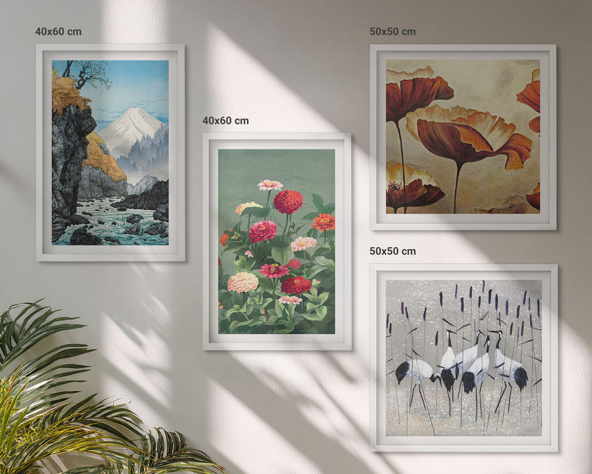 BILDER SET 4er Set - 50x50 cm & 40x60 cm Weißer Rahmen - Berge, Wasserfälle, Vögel, Blumen - Weiß, Kunststoff (50/50cm) - TULUP