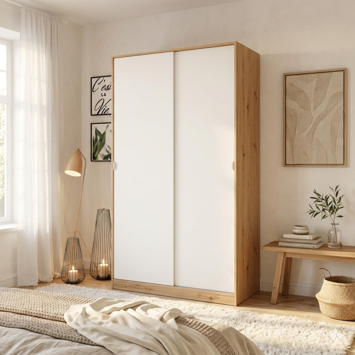 SCHRANK mit 2 Schiebetüren, Holzoptik und Weiß 120/200/50 cm - Weiß, Holzwerkstoff (120/200/54cm) - Calicosy