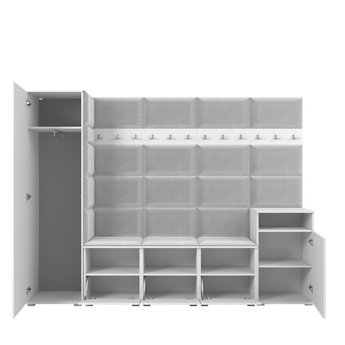 GARDEROBE NELA XI 250 cm (Modulare Flurmöbel Graphit mit Spiegel & Sitzpolster Hellgrau 32 Großes Set) - Silberfarben/Hellgrau, Holz/Holzwerkstoff (250/187/40cm) - Ravio