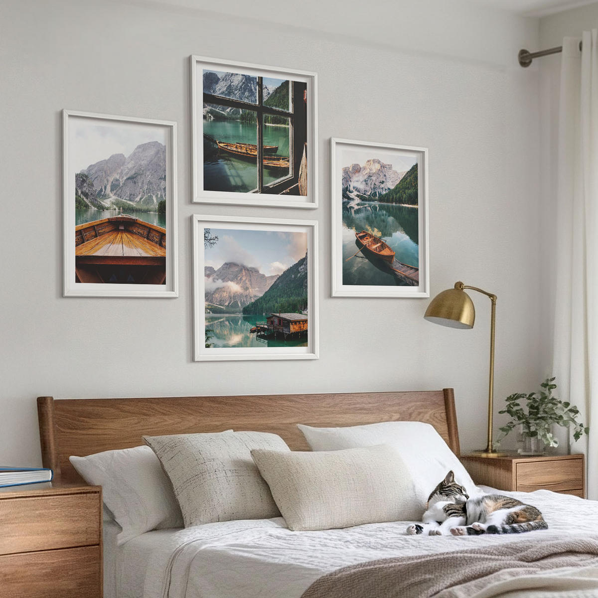 WANDBILDER 4er-Set - 50x50 cm & 40x60 cm Weißer Rahmen - See, Berge, Boote, Hütte, Fenster - Weiß, Kunststoff (50/50cm) - ArtPrintCave