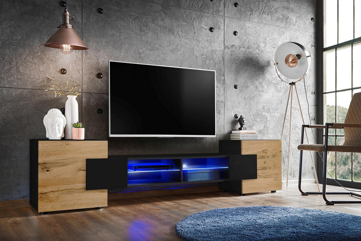 LOWBOARD MERANO Schwarz, Blau LED Beleuchtung - Eiche Wotan/Schwarz, Glas/Holzwerkstoff (230/52.5/35cm) - Komodee