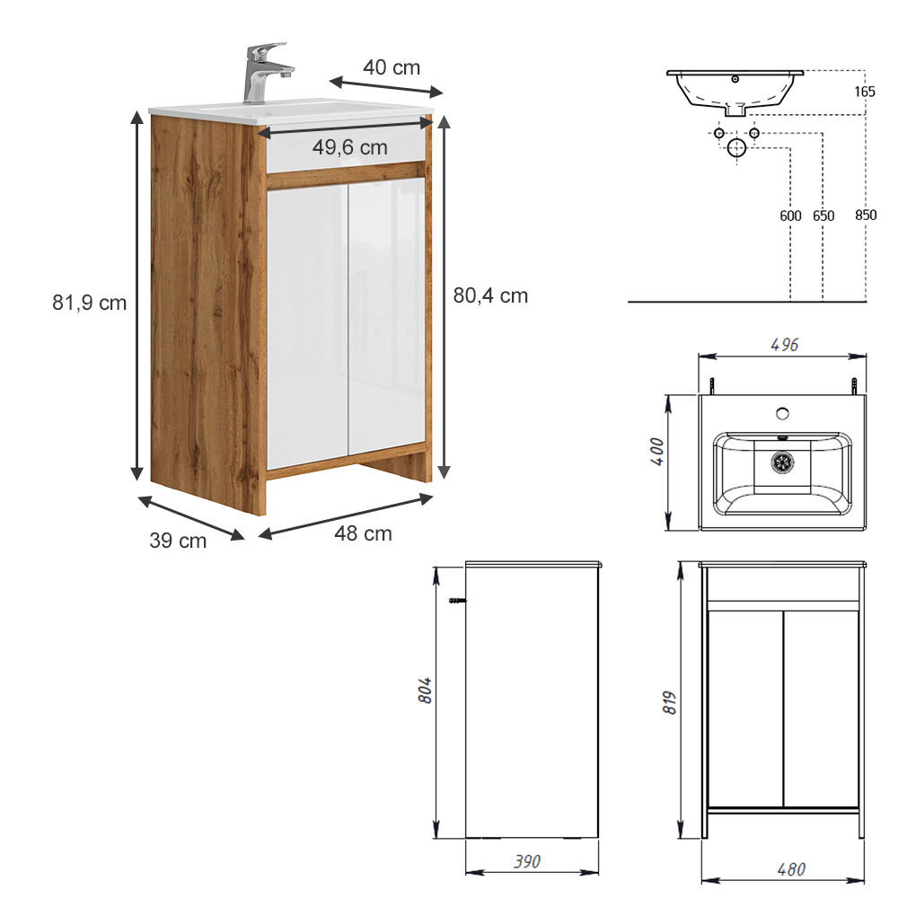 Thumbnail - Vicco Waschtischkombi, Honigeiche, Weiß Hochglanz, Holzwerkstoff, nicht einzeln stellbar,Rechteckig, 49x81x40 cm, Badezi...