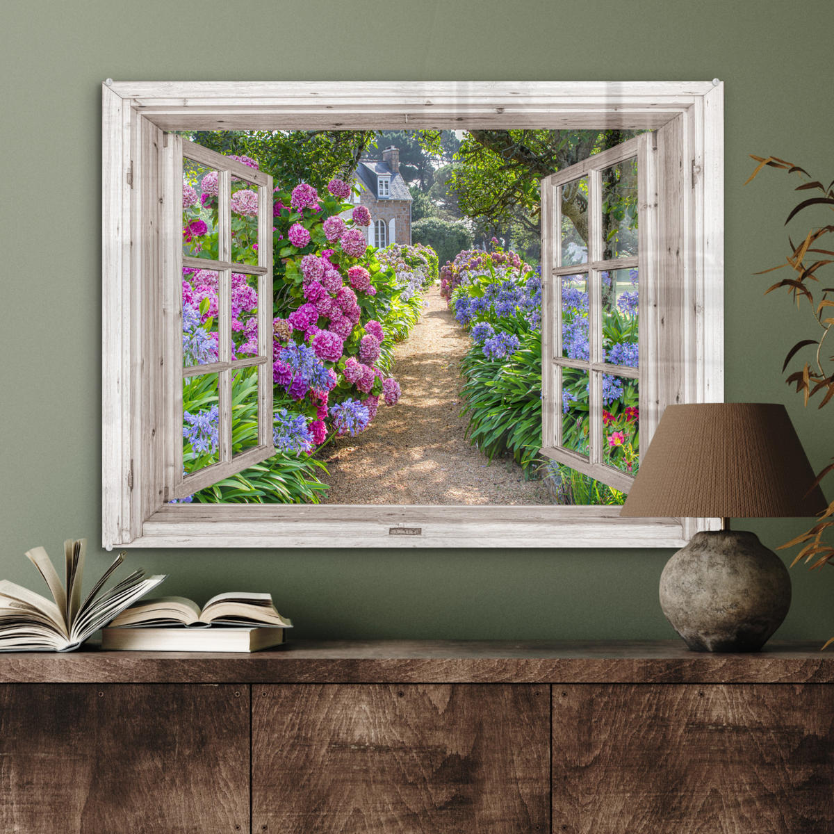 ACRYLGLASBILD Hortensie - Durchsichtig - Blumen - Sommer - Lila - Weg 80x60 cm - Lila, Glas (80/60cm) - MuchoWow