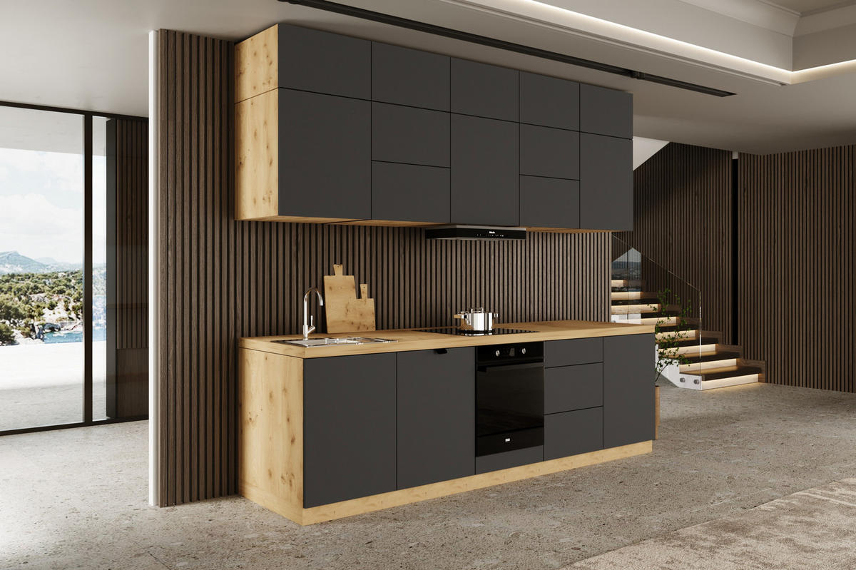 KÜCHENZEILE 300 cm - Langen KL13-M300 - in Grau / Matt - Grau, Holz (300/212/52cm)