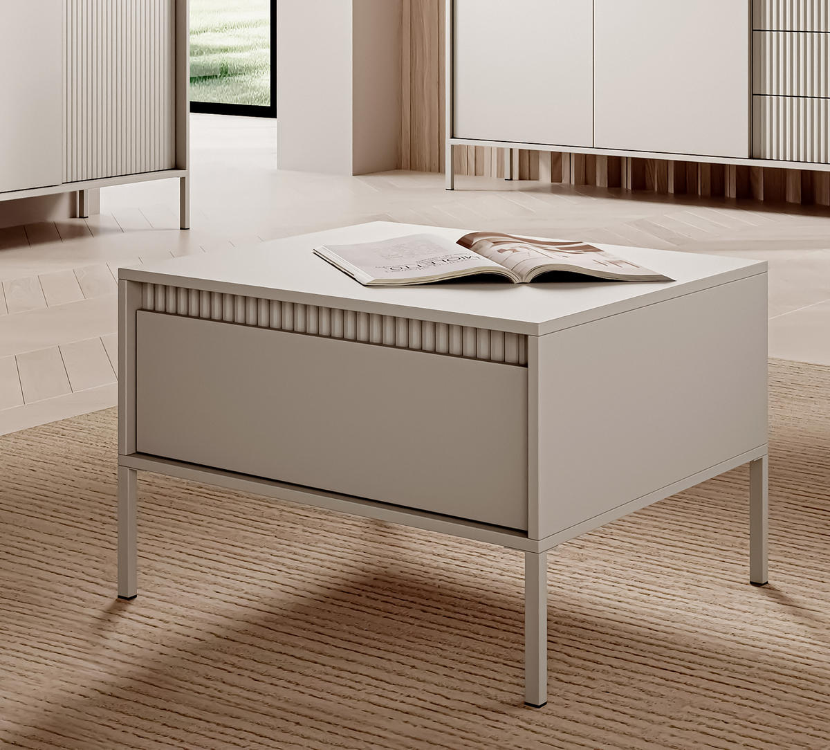 COUCHTISCH Trentinis 1S Beige 68/48,4/68 cm – Geriffelten Fronten - Beige, Holzwerkstoff/Metall (68/68/48.4cm) - AX Living