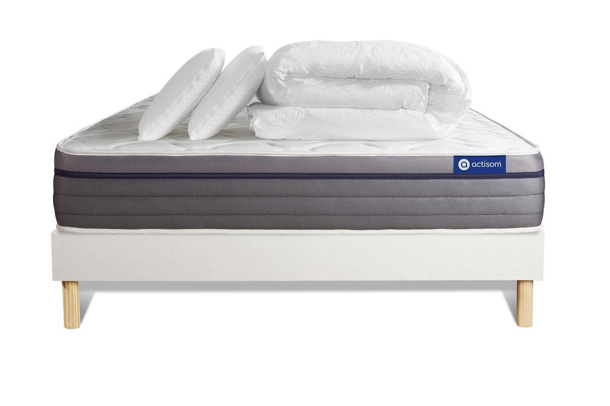 BETT Actimemo zen Memory-Schaum 140 x 200 cm h1 - Kit Bettgestell Weiß - Mit Kissen und Bettdecke - Beige/Weiß, Karton/Holz (140/200cm) - ACTISOM