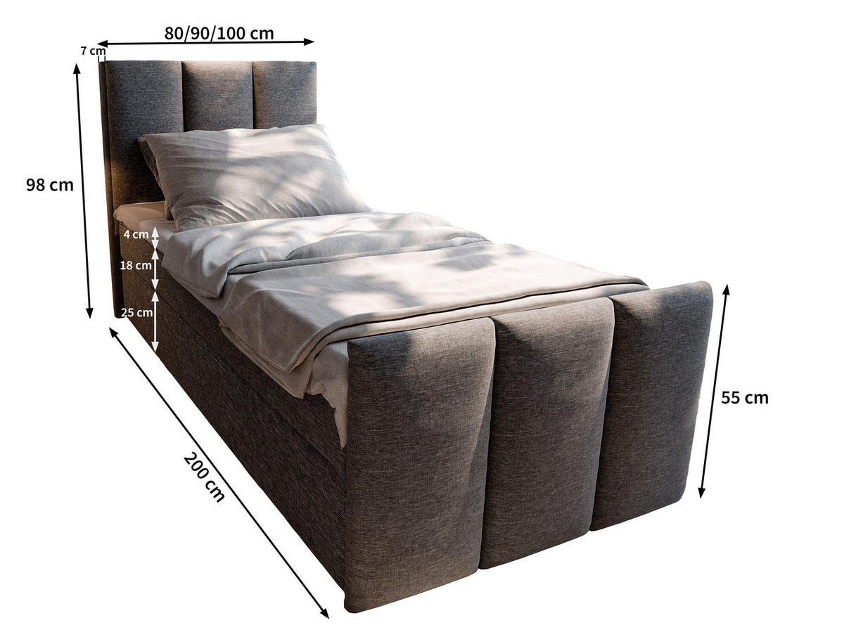BOXBETT LAGO 100 100x200 cm mit Matratze und Topper - Hellgrau - Hellgrau, Holz (100/200cm) - MASSENO