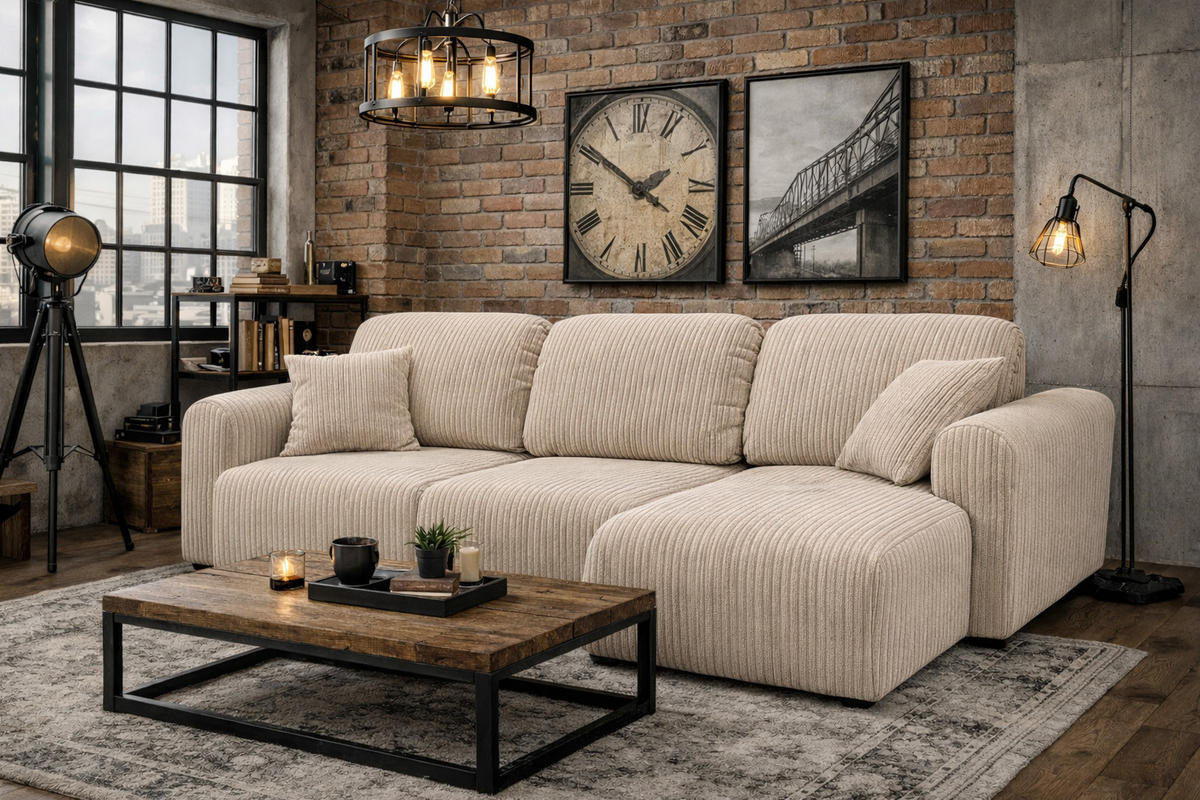 ECKSOFA Mit Schlaffunktion Und Bettkasten, Sofa L-Form Bingo L, Cordstoff Poso, Beige, Rechts - Beige, Holz (250/142cm) - Kaiser Möbel