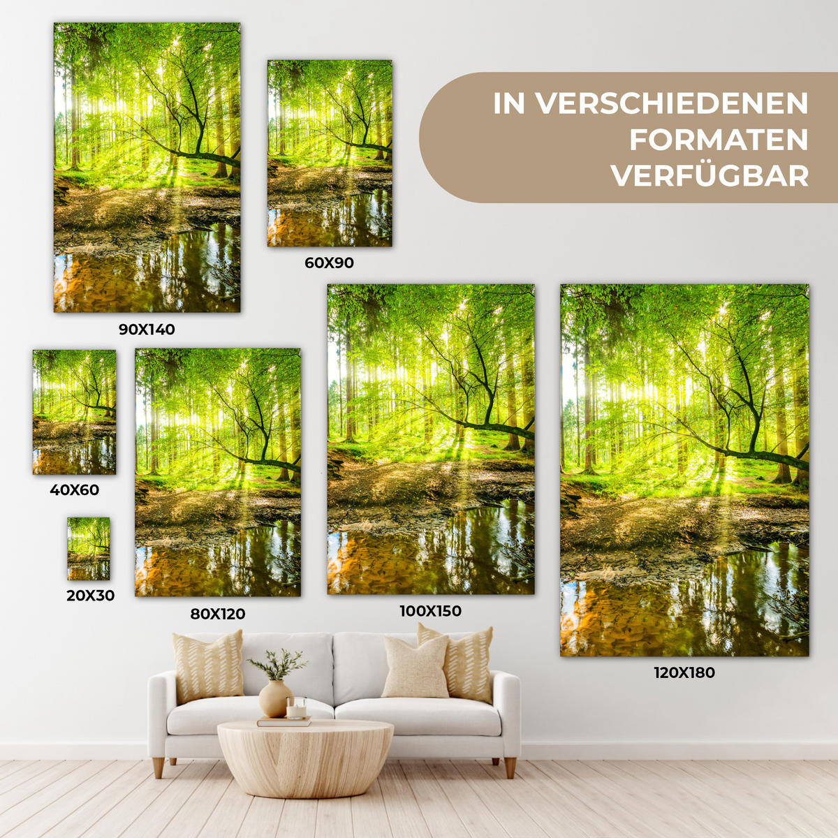 LEINWANDBILD Wald - Landschaft - Wasser - Bäume - Sonne - Grün - Natur 90x140 cm - Grün, Textil (90/140cm) - MuchoWow