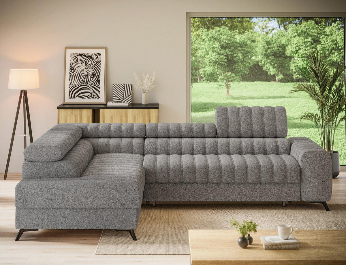 KANEDO Ecksofa mit Schlaffunktion und Bettkasten – Modernes Designsofa, verstellbare Kopfstützen, Metallfüße - Grau, Kunststoff (269/86cm) - Wohnideebilder