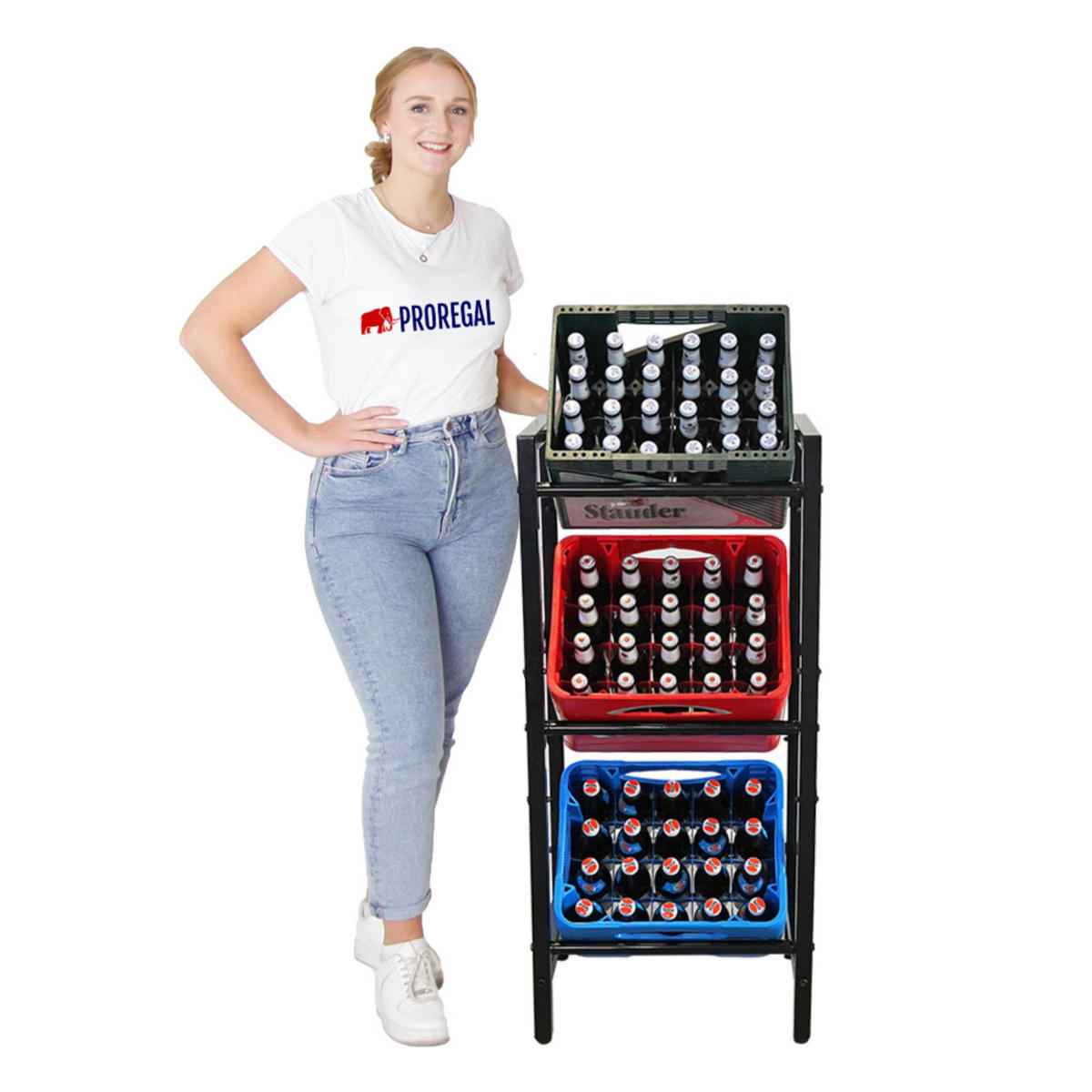 GETRÄNKEKISTENREGAL Königssee M 108x49x32 3 Kisten auf 3 Ebenen Schwarz - Schwarz, Metall (49/108/32cm) - PROREGAL