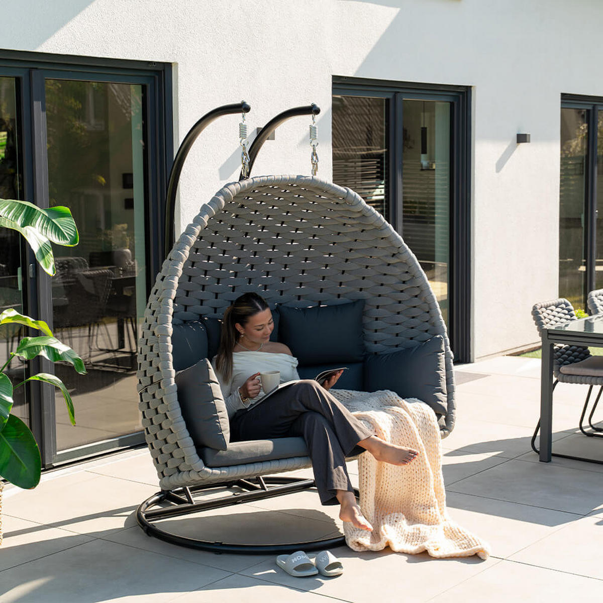 HÄNGESESSEL CADEIRA - Hellgrau, 2-Sitzer - Hellgrau, Kunststoff/Metall (127/155/76cm) - Home Deluxe