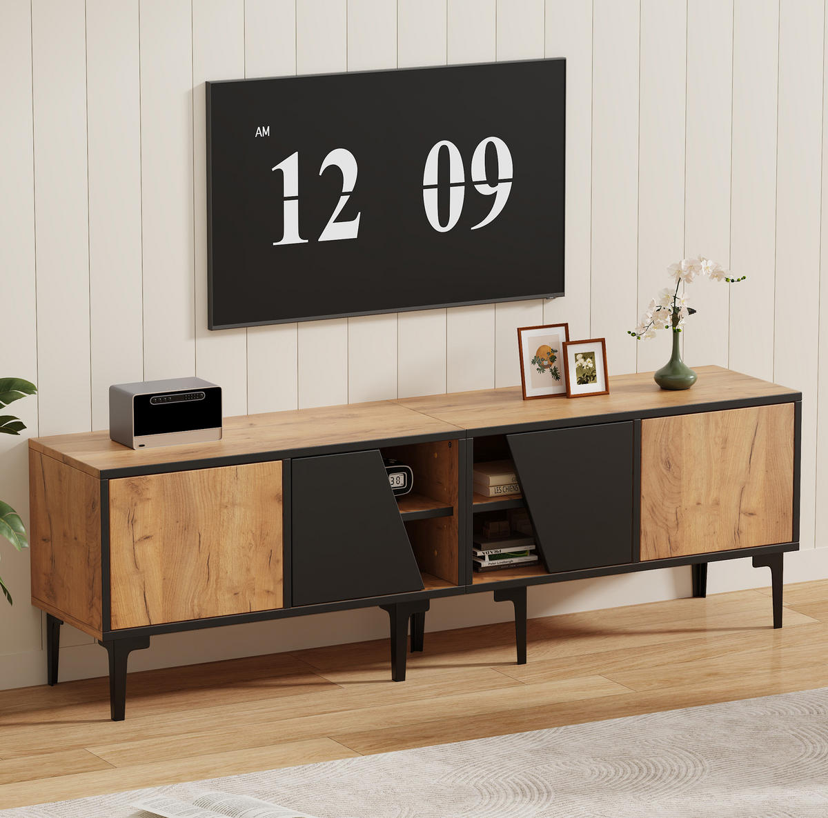 TV-LOWBOARD aus Spanplatte 160x36,5x45 cm Naturholz/Schwarz mit 4 Fächern - Hellbraun, Holzwerkstoff (160/45/36.5cm) - IVMEU