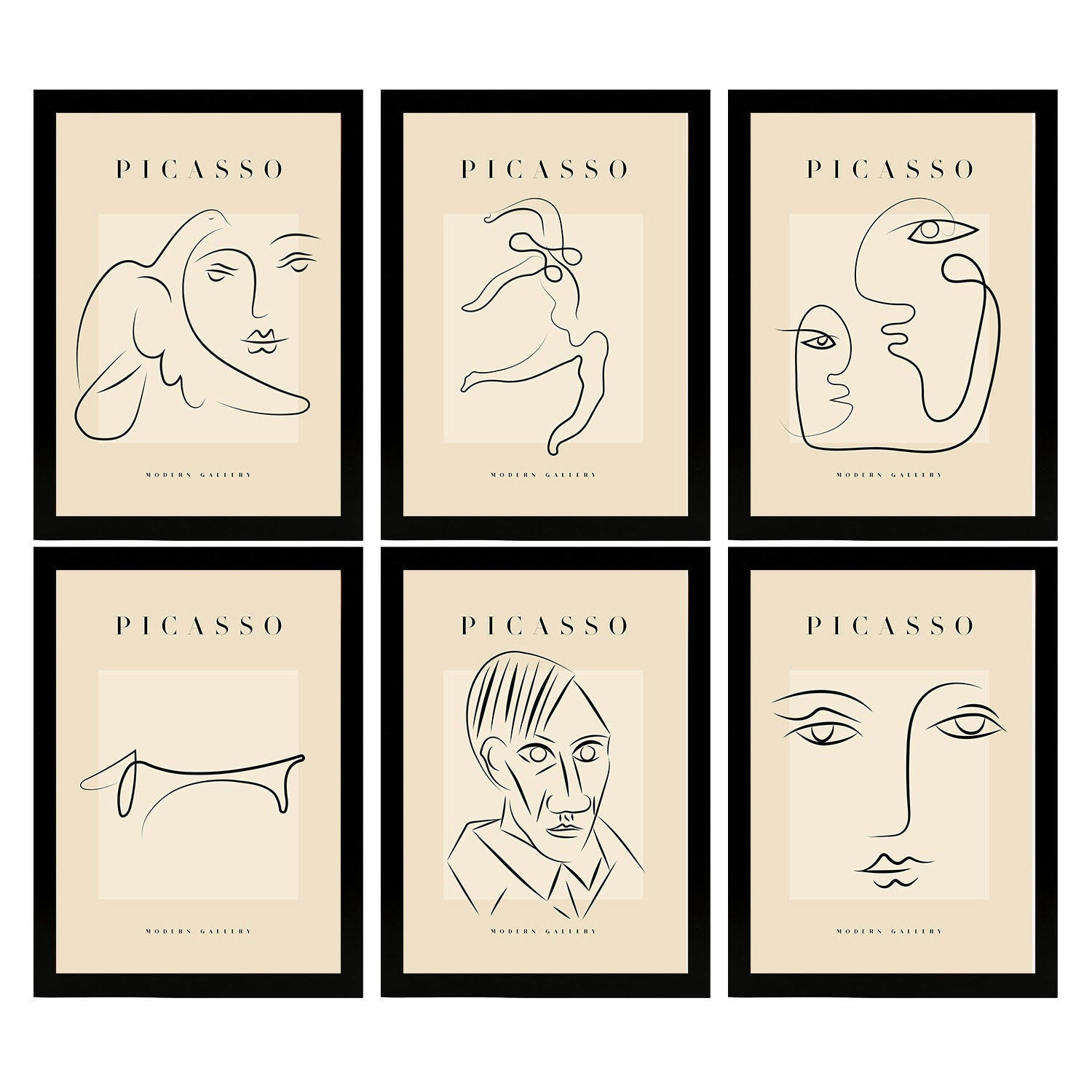 POSTER Set Mit 6 Illustrationen Von Pablo Picasso Starren A3 Schwarzer Rahmen - Schwarz, Papier (29/3cm) - Nacnic