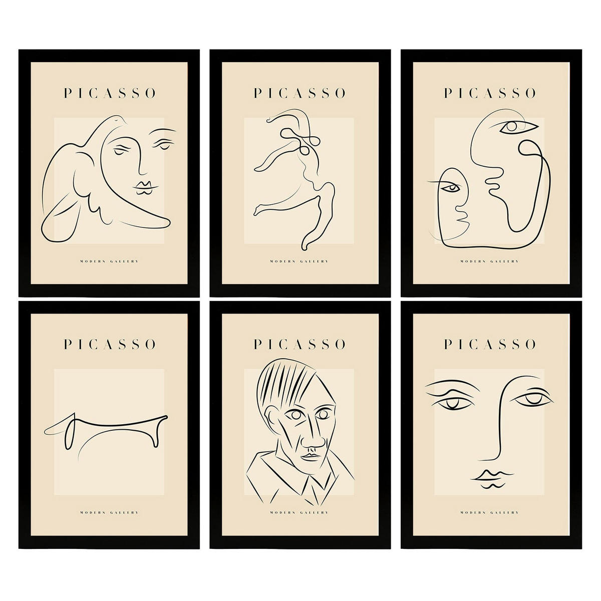 POSTER Set Mit 6 Illustrationen Von Pablo Picasso Starren A3 Schwarzer Rahmen - Schwarz, Papier (29/3cm) - Nacnic