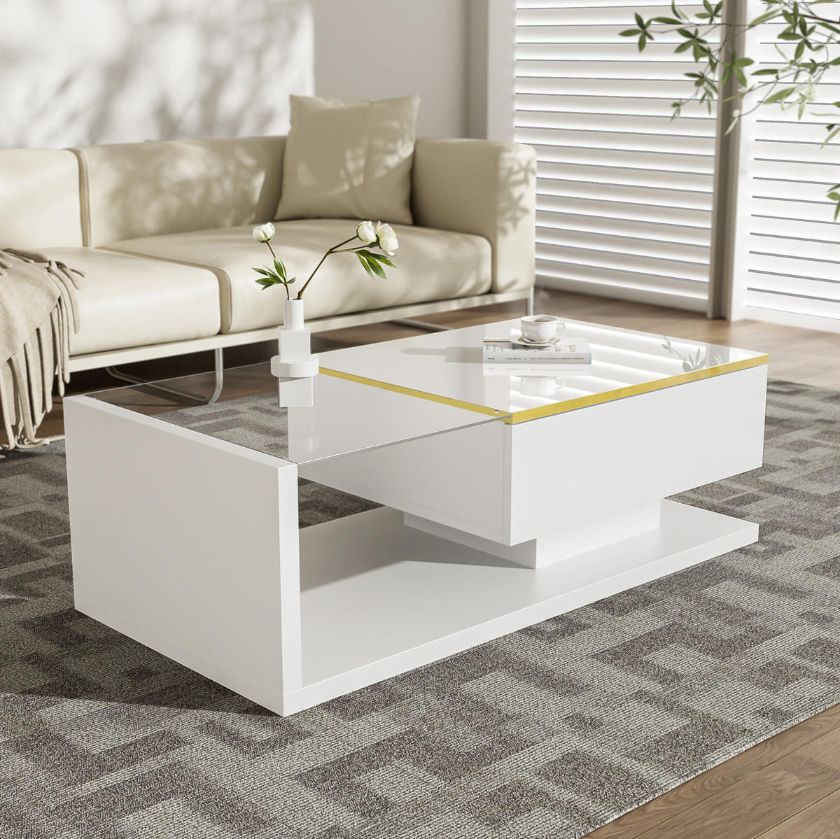 COUCHTISCH 100/50/32,5 cm in Weiß mit LED-Beleuchtung und Glasplatte - Weiß, Holzwerkstoff (100/50/32.5cm) - Flora Grace