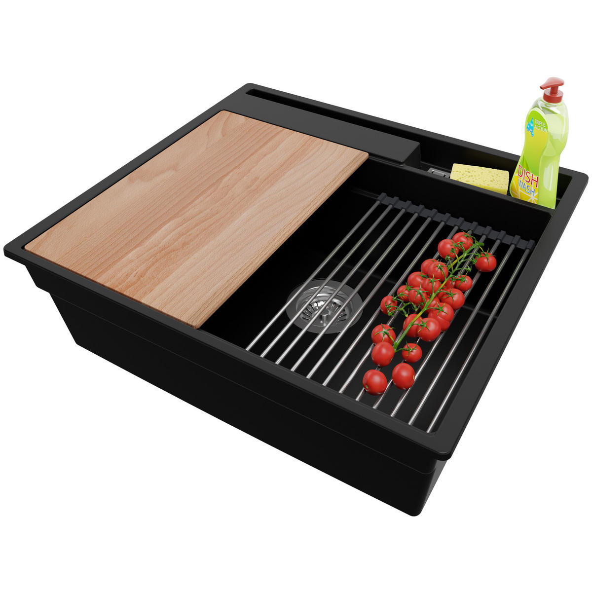 SPÜLBECKEN Oslo Pocket, 2-er set Schwarz 58/53 cm 1 Becken + Ablauf-Set + Küchenzubehörset ab 60er Unterschrank - Chromfarben/Beige, Kunststoff (58/20/53cm) - Primagran