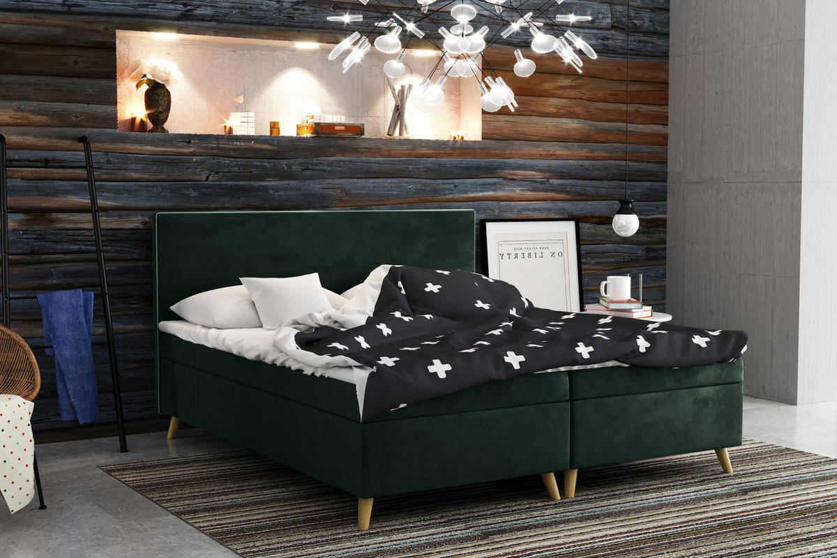 BOXBETT Mit Bettkasten Matratze + Topper BELLA Stoff Riviera Grün 200x200 cm H2-Pocket - Grün, Holz (200/200cm) - Kaiser Möbel