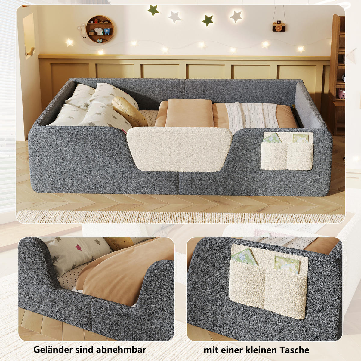 KINDERBETT 140/190 cm mit abnehmbaren Seitengittern, Stofftasche und Veloursbezug, Grau - Grau, Textil (140/190cm) - Redom