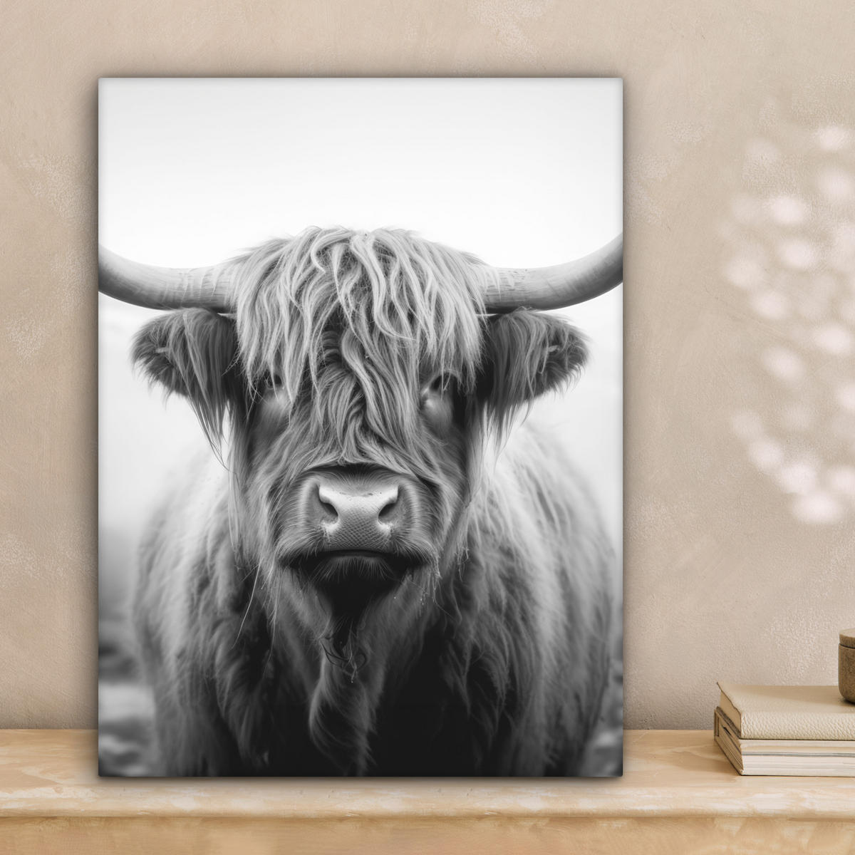 LEINWANDBILD - Schottischer Highlander - Nebel - Schwarz - Weiß - 30x40 - Bilder - Grau, Textil (30/40cm) - MuchoWow