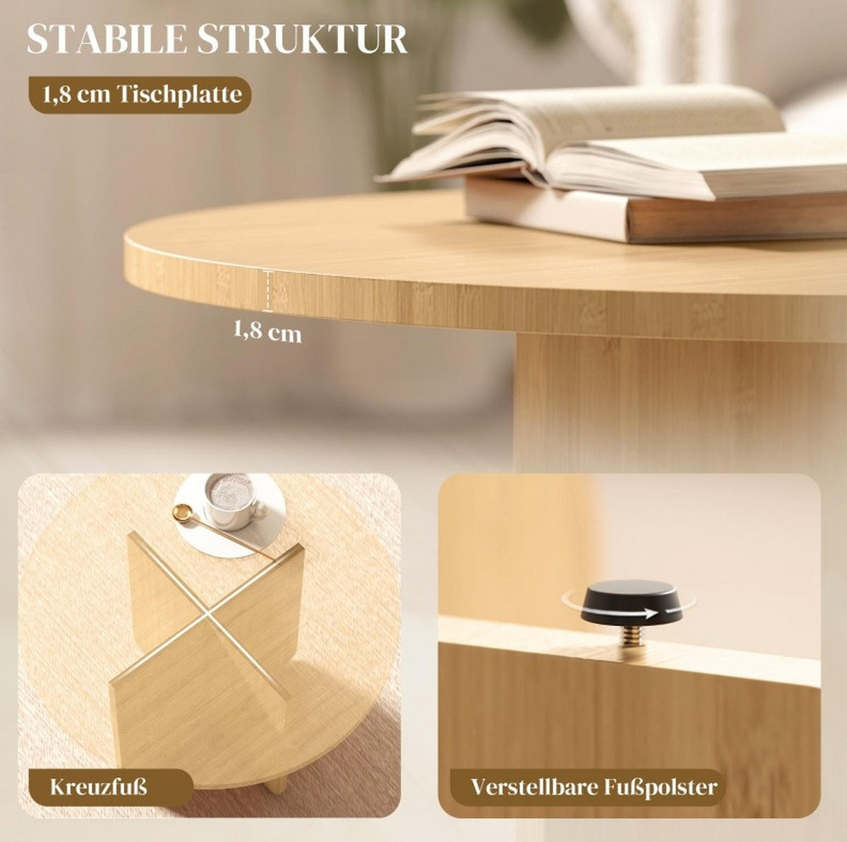 COUCHTISCH 66 cm aus Bambus mit Kreuzgestell - Naturfarben, Naturmaterialen (66/66/45cm) - BEAOK